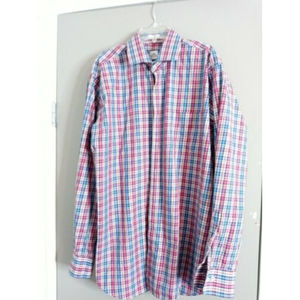 Peter Millar Red White Blue Purple Check Plaid Men's Dress Button Shirt Size L